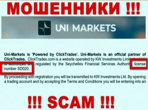 Осторожнее, UNIMarkets украдут денежные средства, хотя и разместили свою лицензию на сайте