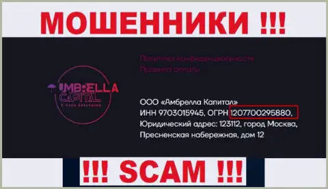 ООО Амбрелла Капитал интернет-кидал UmbrellaCapital зарегистрировано под этим рег. номером: 207700295880