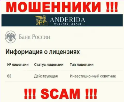 AnderidaFinancialGroup говорят, что имеют лицензию от ЦБ России (информация с веб-сайта мошенников)