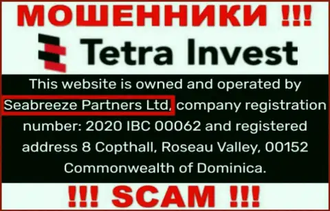 Юридическим лицом, владеющим обманщиками Тетра-Инвест Ко, является Seabreeze Partners Ltd