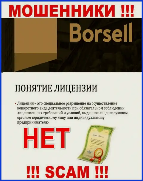Вы не сумеете найти информацию о лицензии internet-кидал Borsell, поскольку они ее не смогли получить