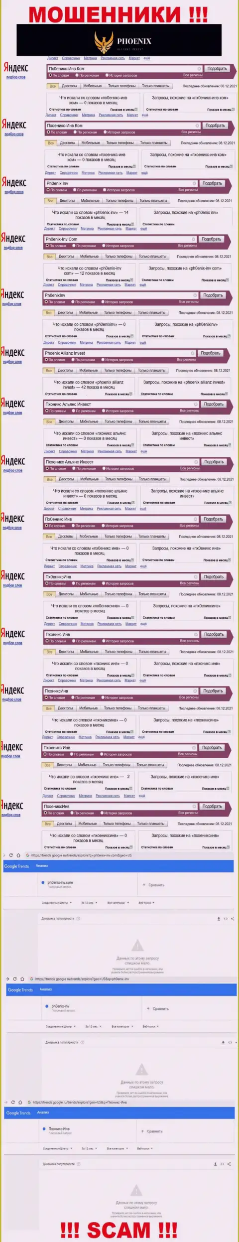 Скриншот результатов поисковых запросов по неправомерно действующей конторе Ph0enix-Inv Com