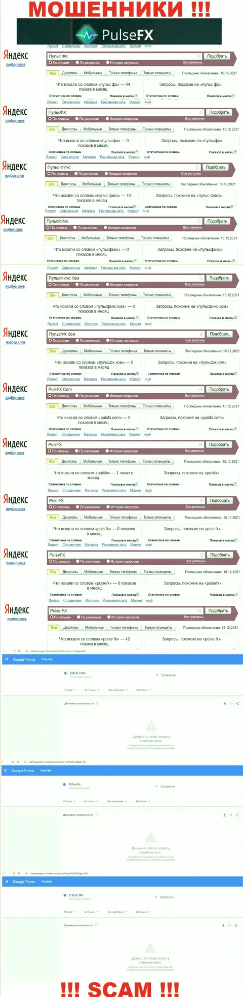 Число поисковых запросов в сети Интернет по бренду мошенников PulseFX