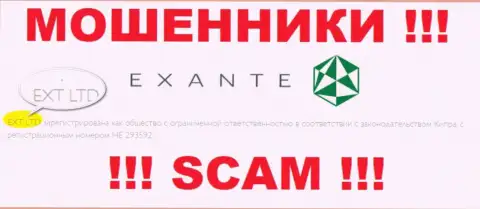 Организацией Exante Eu владеет ХНТ ЛТД - информация с официального сайта обманщиков