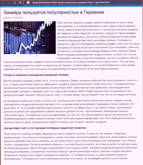 Информационный материал о популярности дилинговой компании Zineera Com, опубликованный на ресурсе Kuban Info