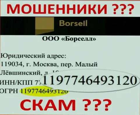 Номер регистрации мошеннической организации Borsell - 1197746493120
