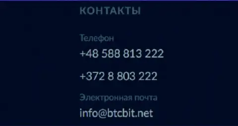 Номера телефонов и адрес электронной почты онлайн обменника БТЦ Бит