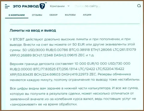 Условия процесса вывода и ввода денежных средств в обменнике BTC Bit в обзорной статье на веб-ресурсе EtoRazvod Ru